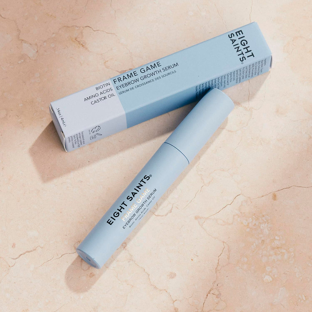 Eight Saints packaging signals cruelty-free, fragrance-free formulation for sensitive brows.