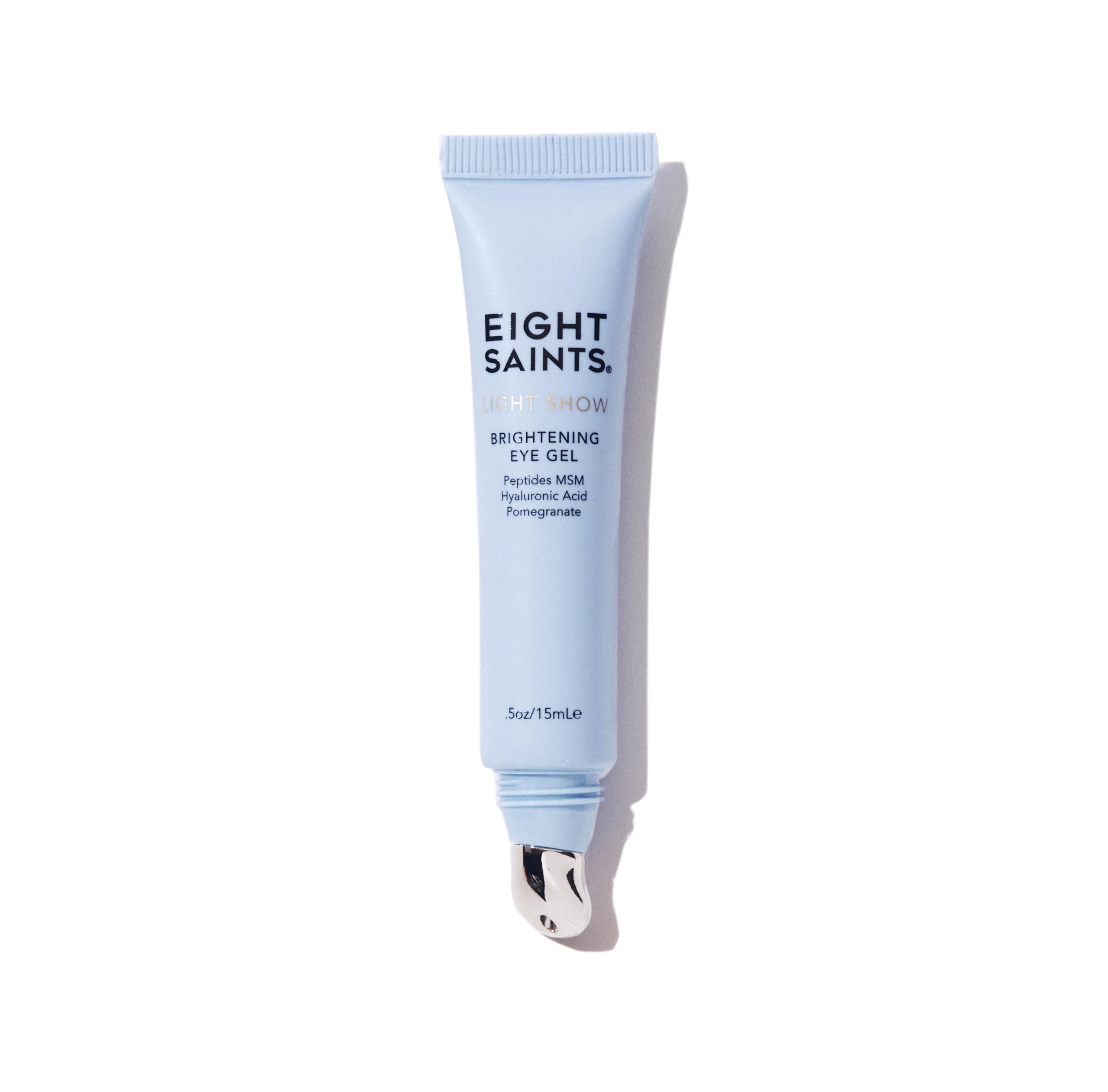 Eight Saints Light Show Brightening Eye Gel bottle with cooling applicator for refreshed under-eye skin.