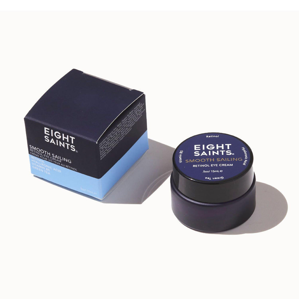 Eight Saints retinol eye cream jar closeup, highlighting texture and premium packaging