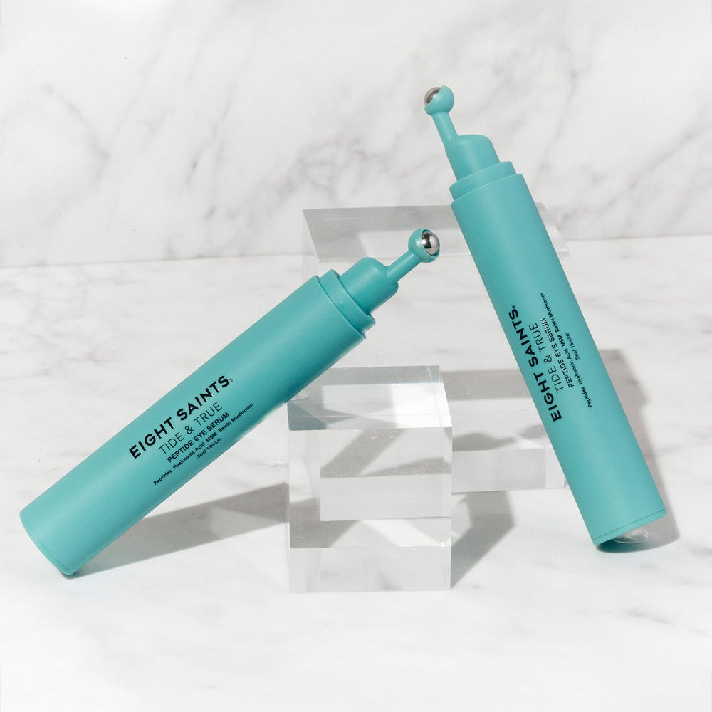 Eight Saints Tide & True Eye Serum ingredients panel with Hyaluronic Acid and Peptides.