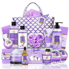 EIRNAY lavender spa gift basket showing 17-piece at-home pampering set.