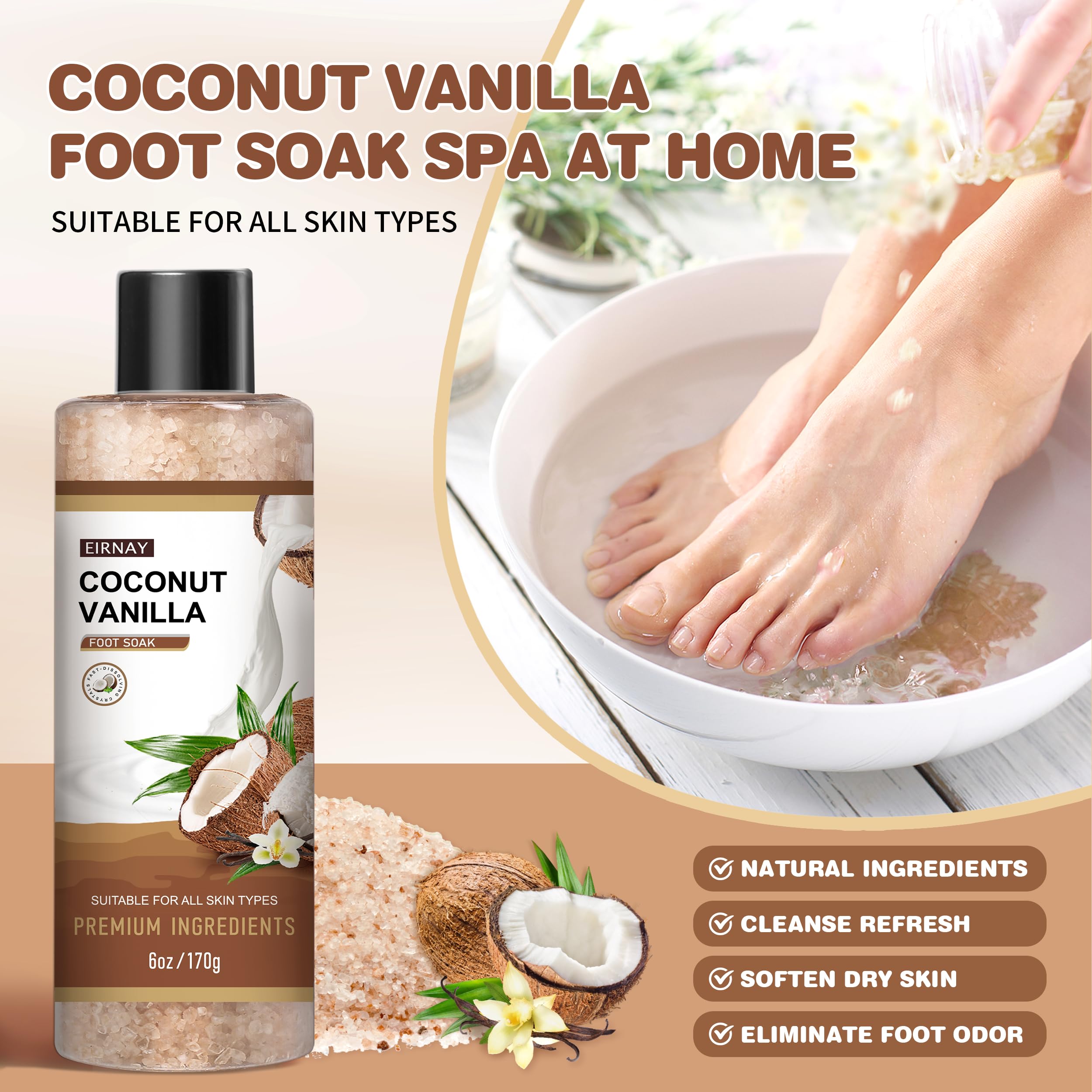 EIRNAY coconut-vanilla foot soak scene promoting relaxation