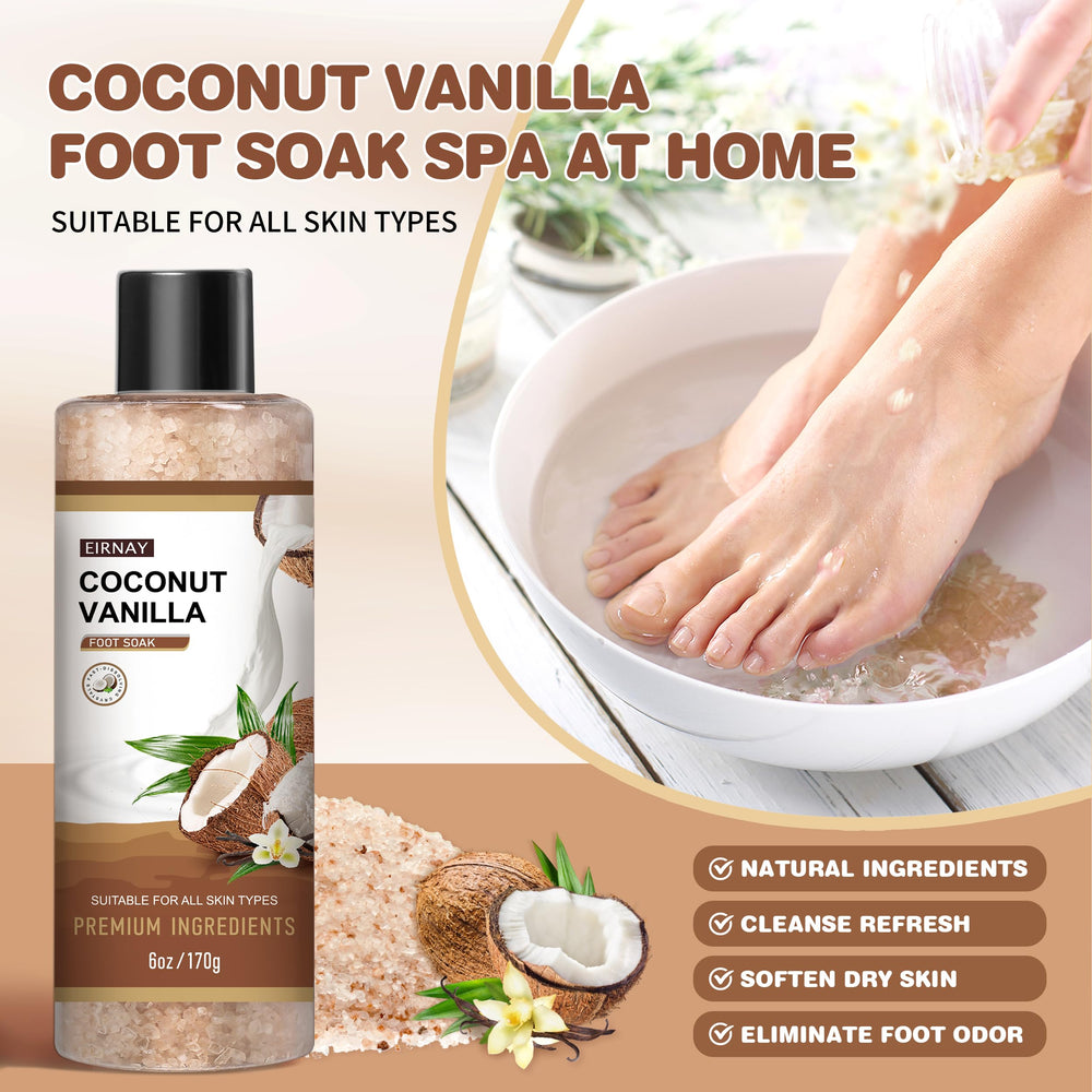 EIRNAY coconut-vanilla foot soak scene promoting relaxation