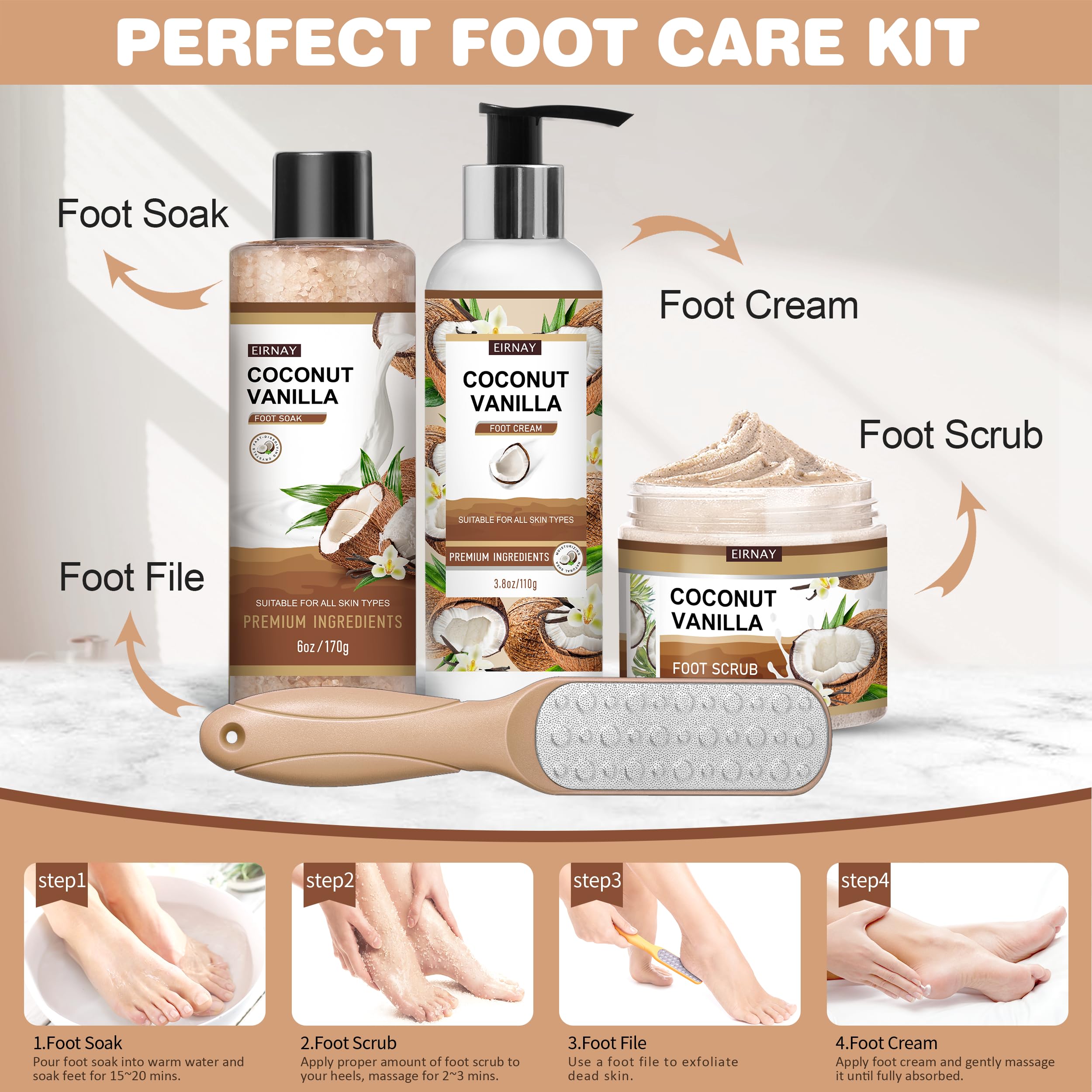 EIRNAY foot care set contents displayed for at-home pedicure