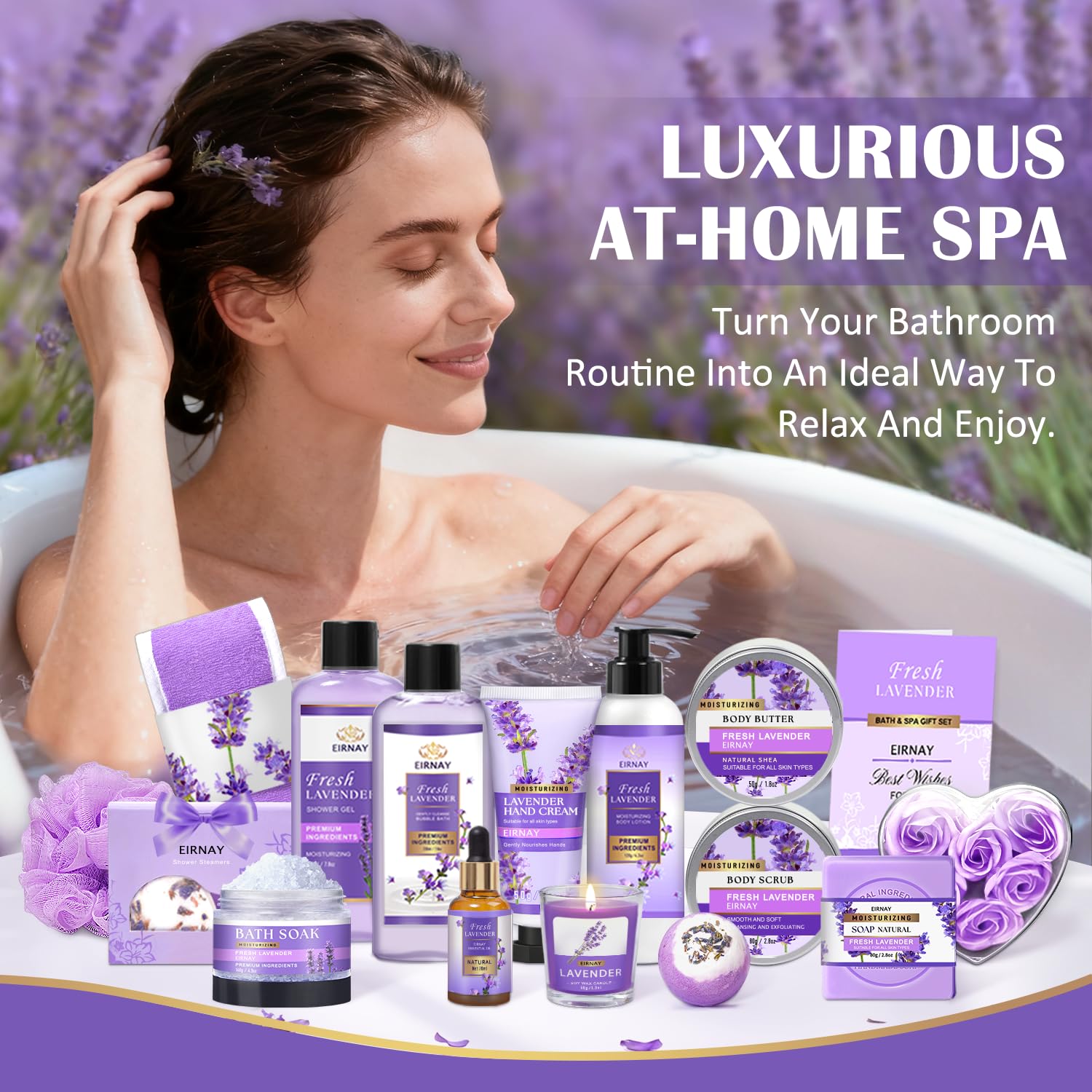 EIRNAY shower steamers and bubble bath for fragrant relaxation.