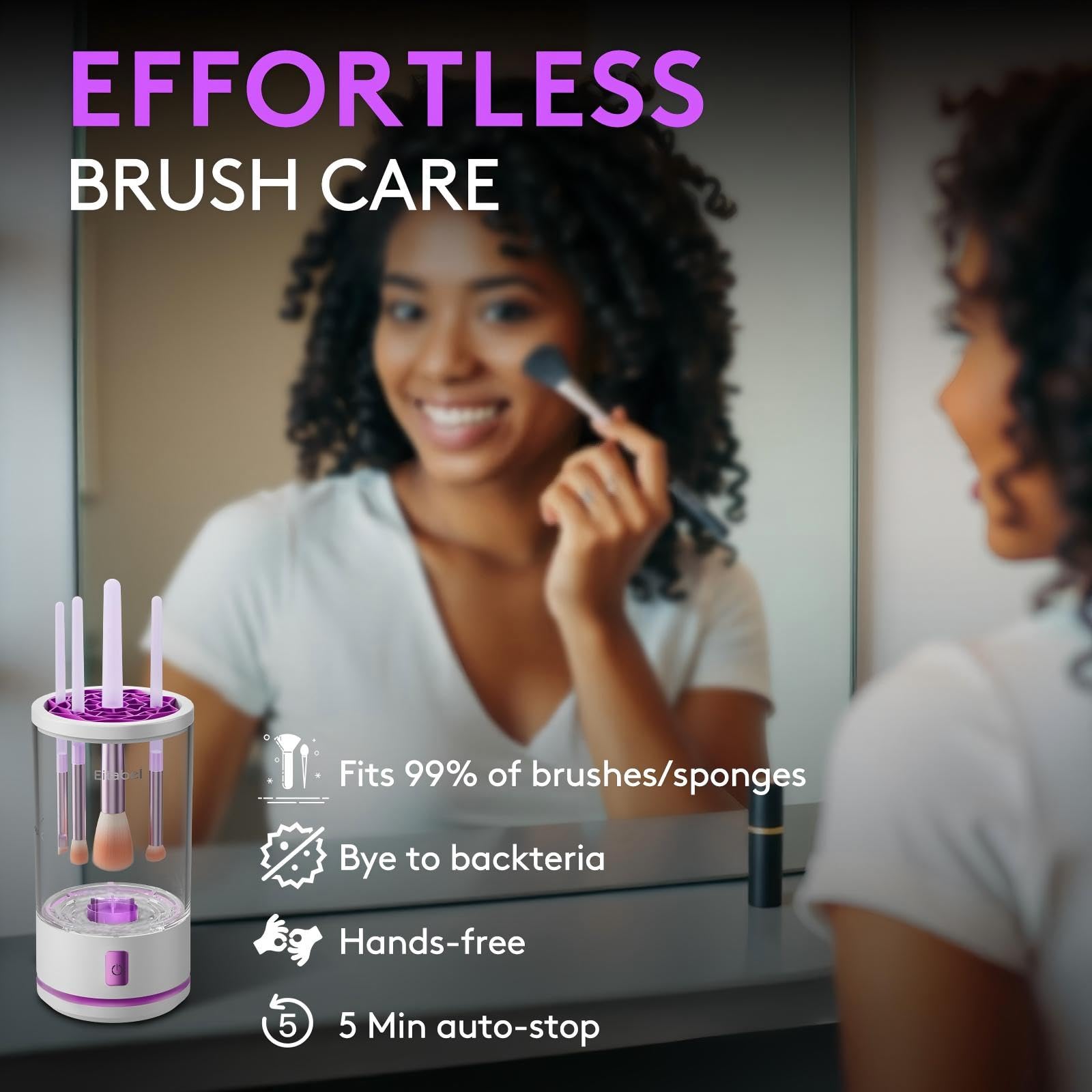 EITABEL 2-in-1 makeup brush cleaner, spinning action showing deep-clean capabilities for brushes.
