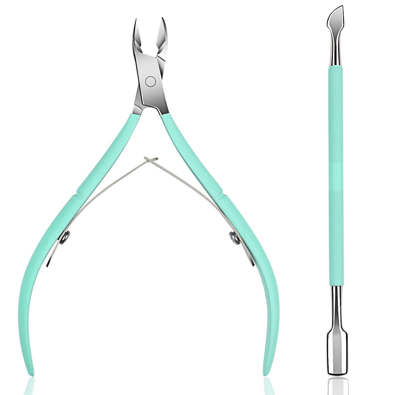Ejiubas cuticle trimmer with cuticle pusher shows precise trimming and a smooth green finish.