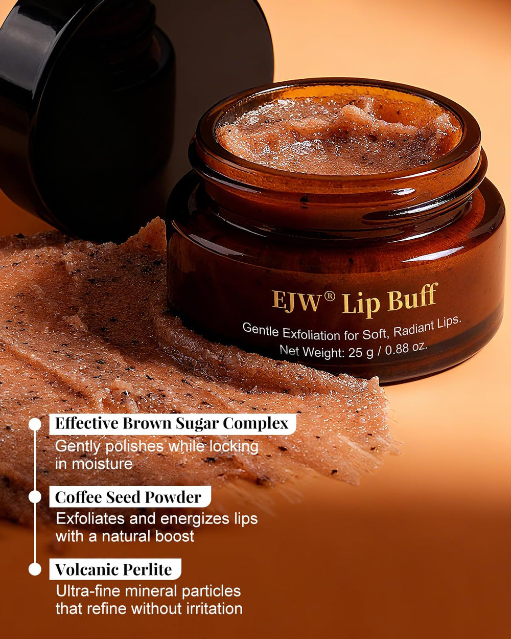 EJW lip scrub coffee powder texture for gentle polishing