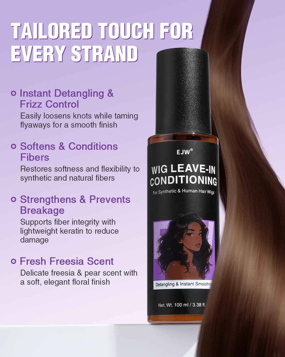 EJW Wig Leave-In Conditioner Spray detangling action close-up for knot-free fibers