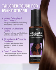 EJW Wig Leave-In Conditioner Spray detangling action close-up for knot-free fibers