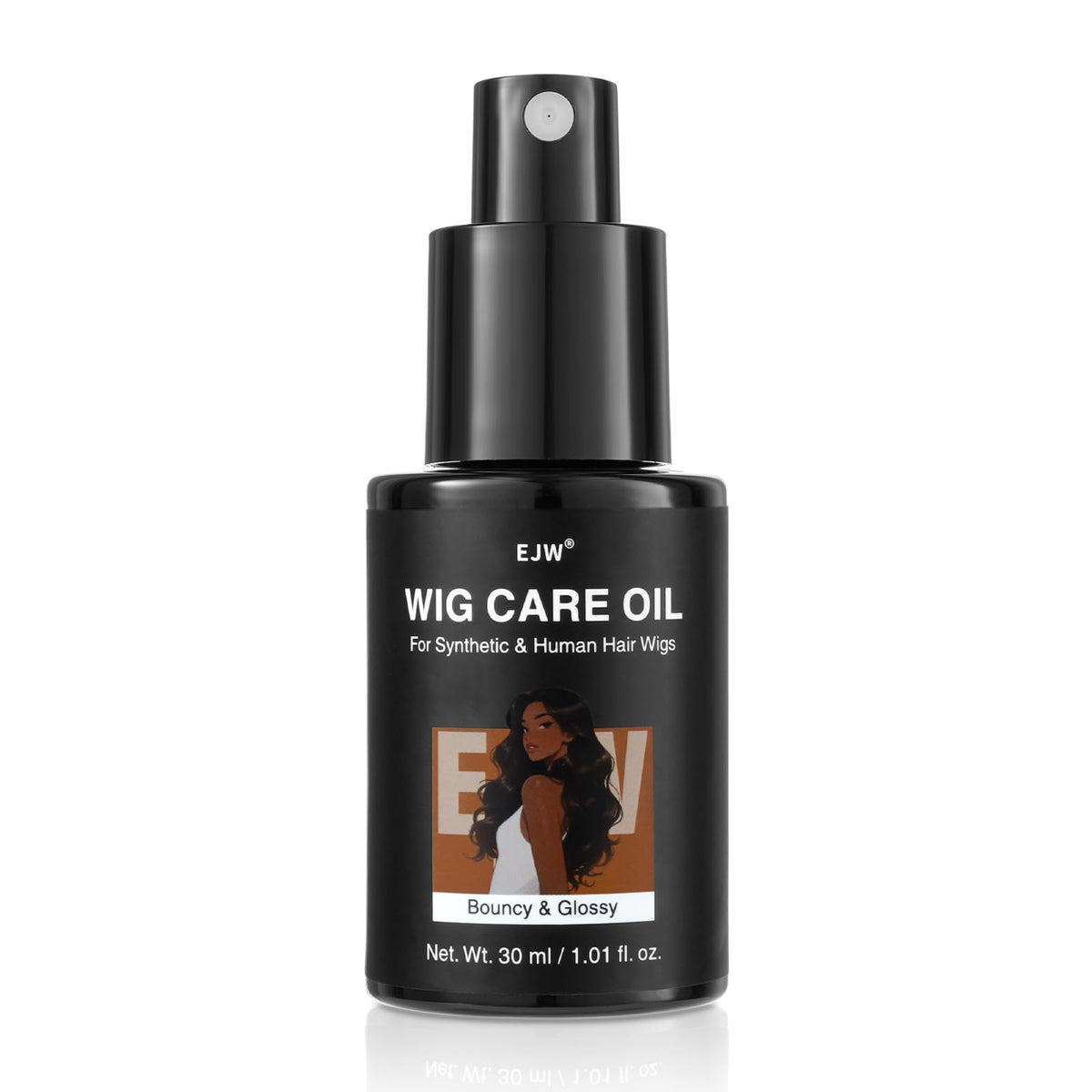 EJW Wig Treatment Oil Spray bottle shows argan, coconut, and jojoba for frizz control