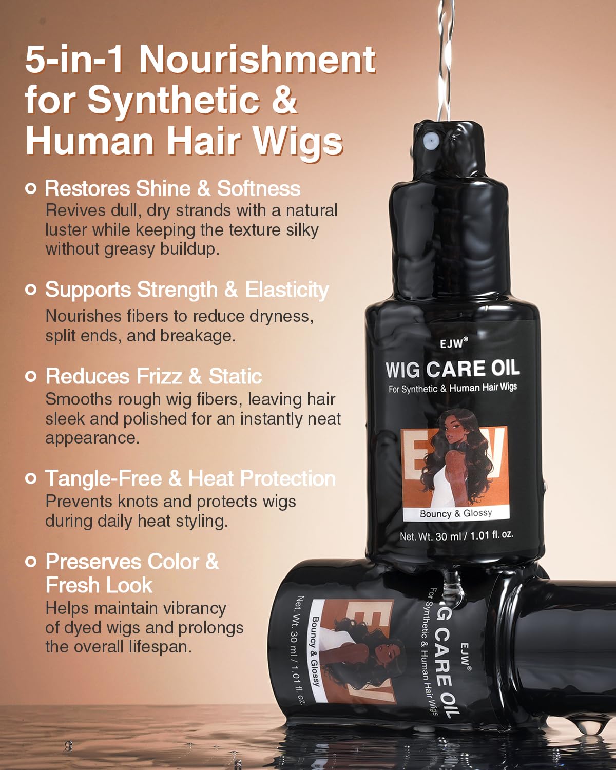 EJW Wig Treatment Oil Spray on a lace front wig reduces tangles and static for smooth wear