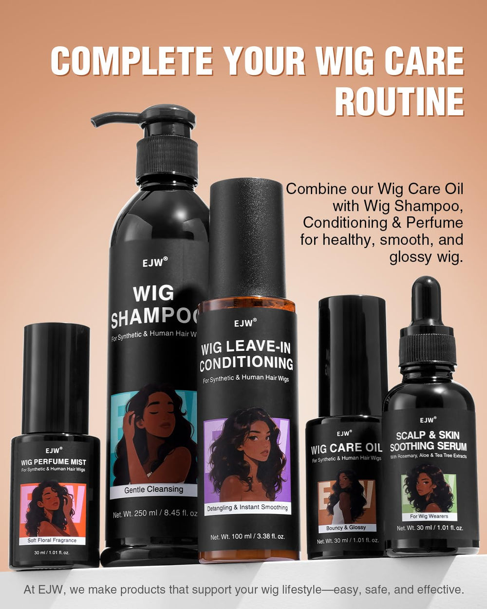 EJW Wig Treatment Oil Spray blend of argan, coconut, and jojoba offers a silky finish