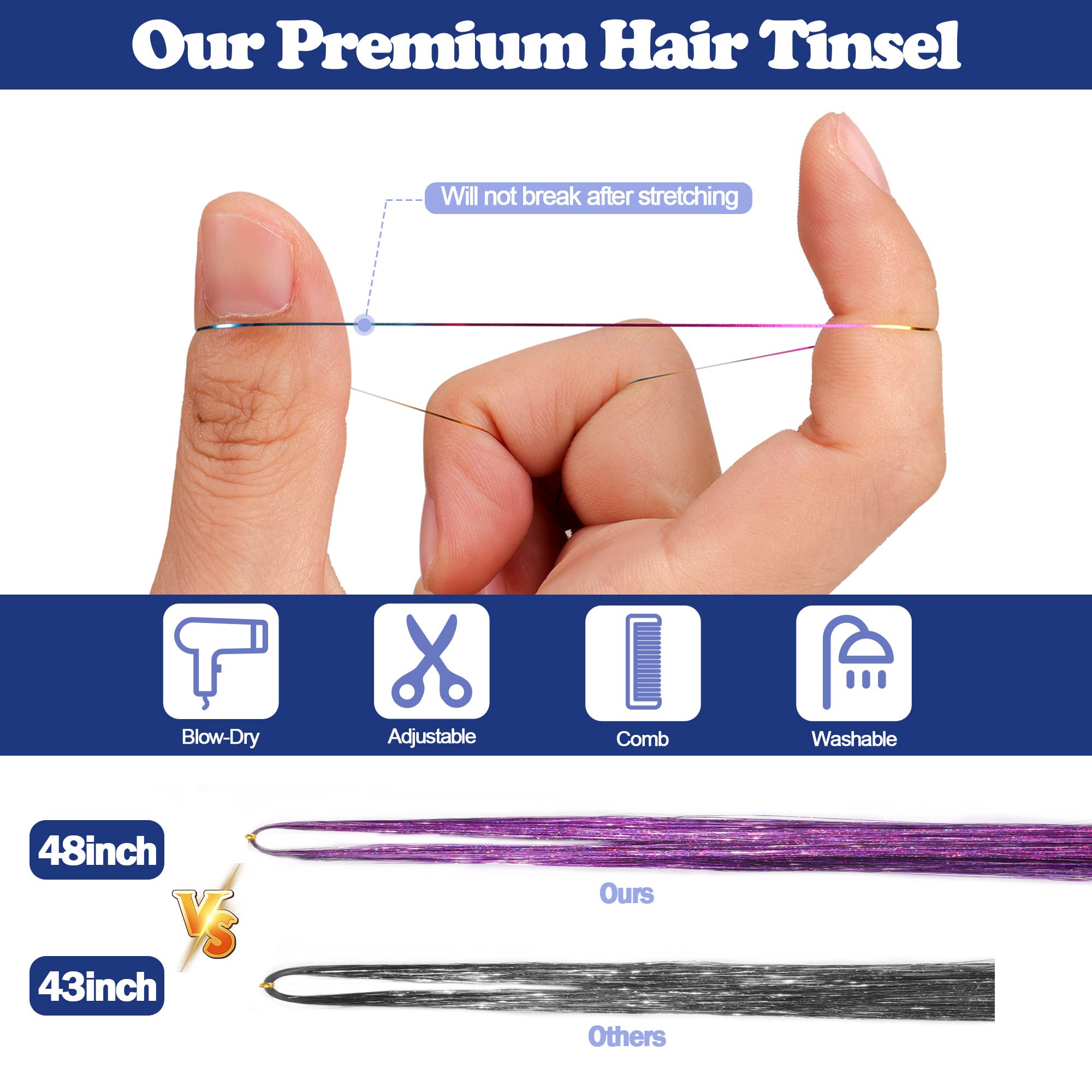 ELASO heat-resistant tinsel stays bright after styling with curling irons or blow dryers.