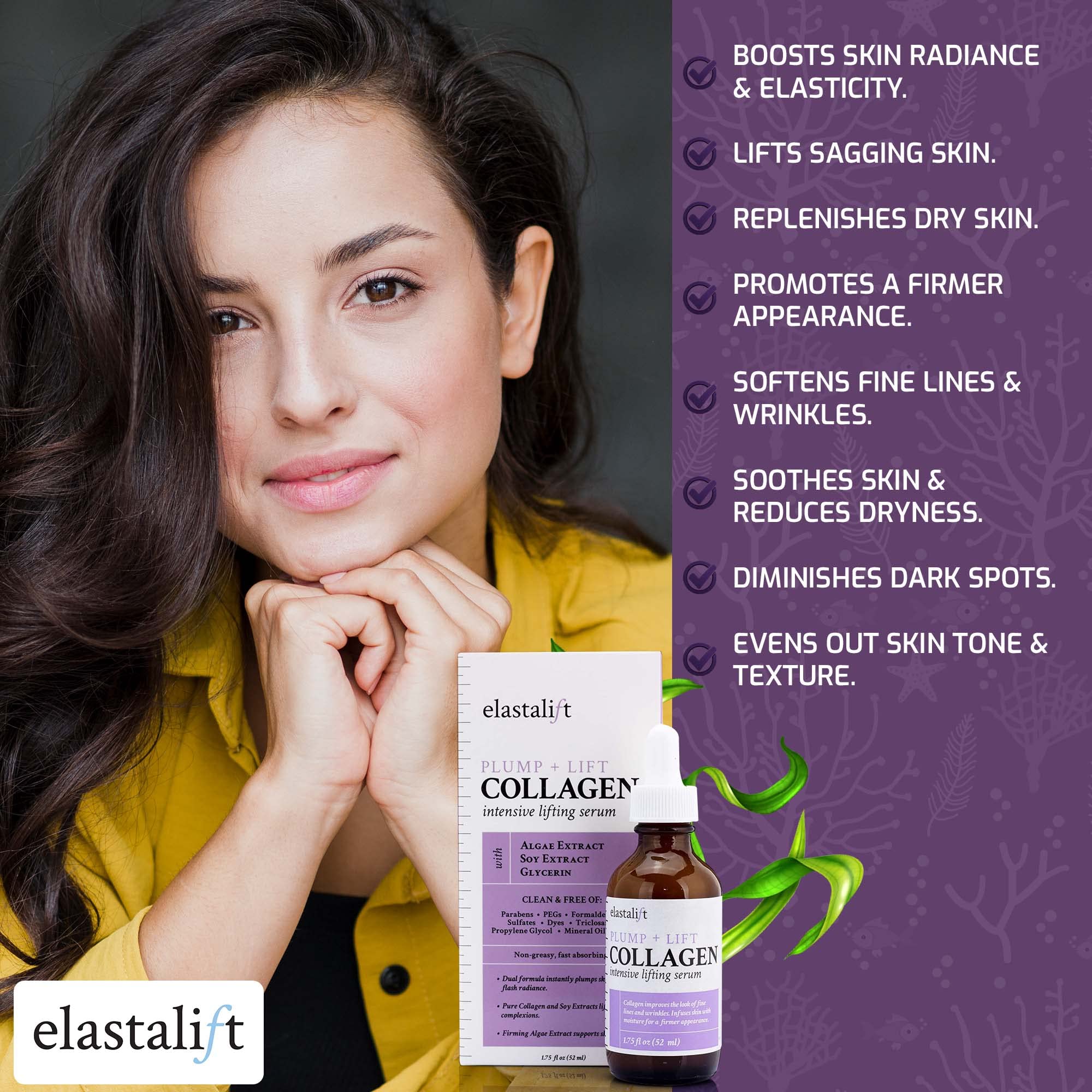 Elastalift Collagen Serum, absorción rápida, rostro ligero tras la aplicación.