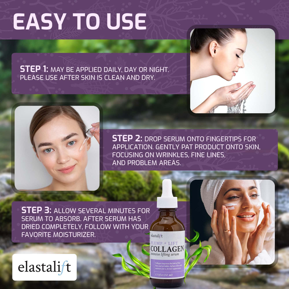 Elastalift Collagen Serum, extracto de alga, tono uniforme y luminosidad natural.