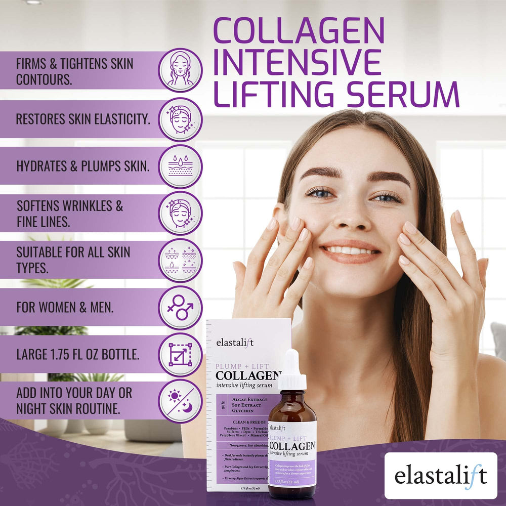 Elastalift Collagen Serum, glicerina para hidratación duradera sin sensación grasa.