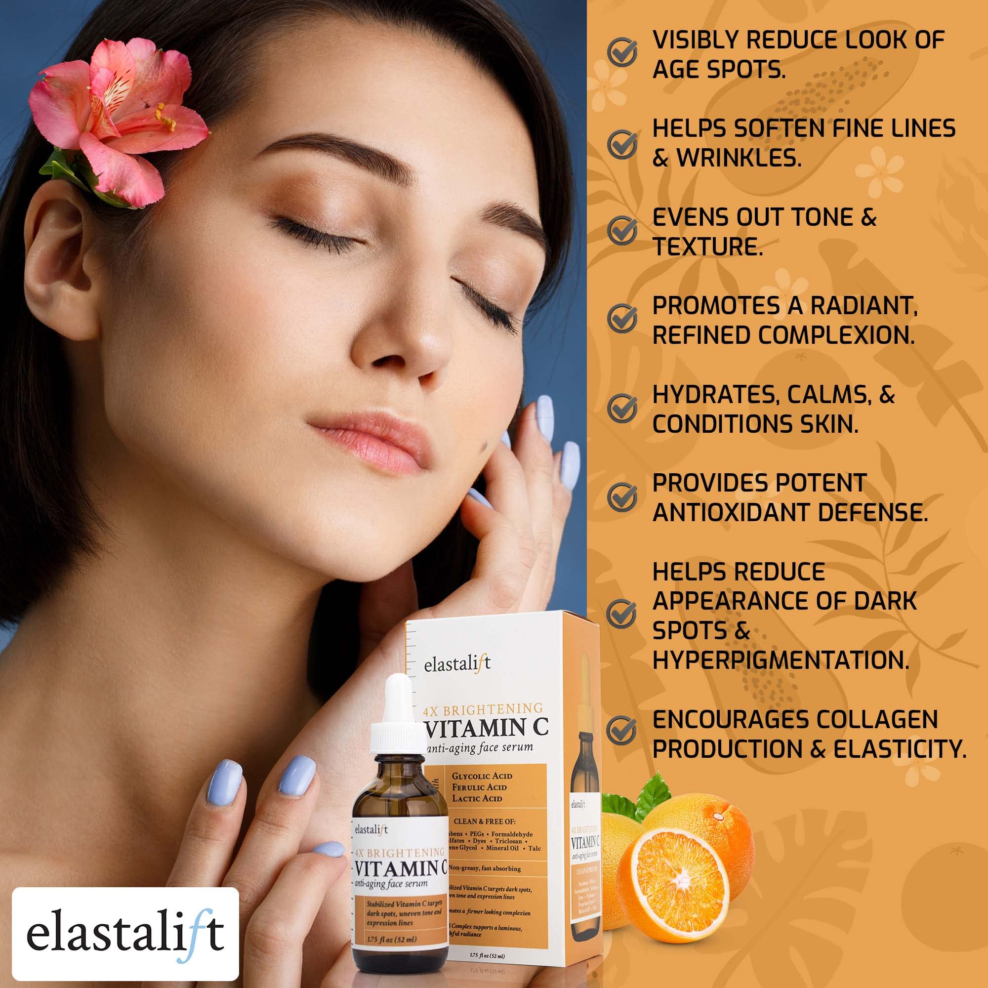 Amber bottle of Elastalift Serum resting on a clean vanity.