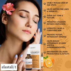 Amber bottle of Elastalift Serum resting on a clean vanity.