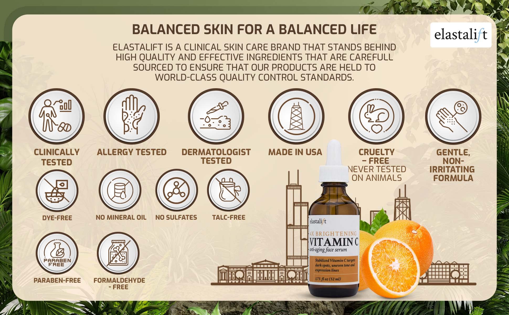 Elastalift Vitamin C Serum close-up emphasizes a healthy-looking glow.