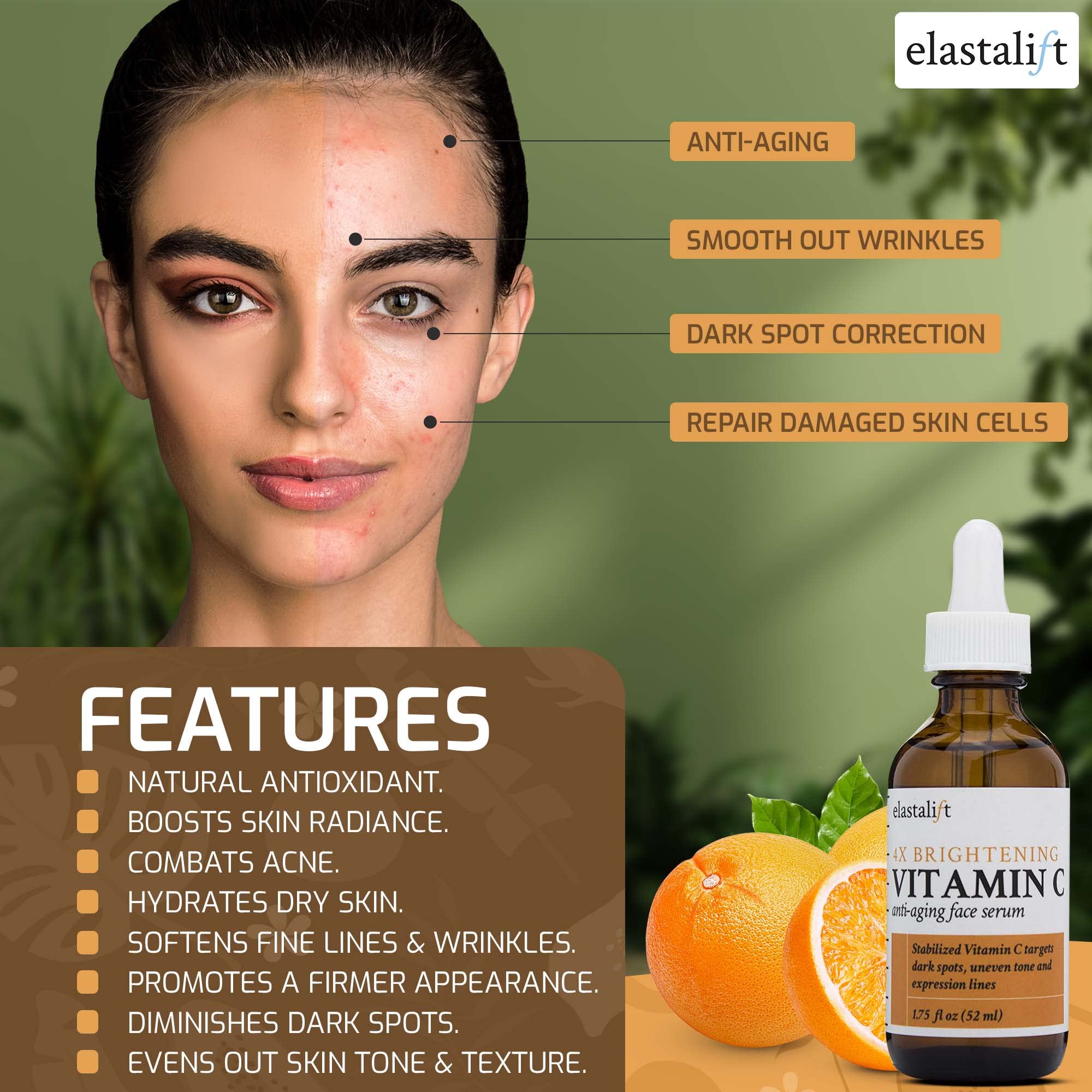 Elastalift Vitamin C Serum texture close-up shows a smooth non-greasy finish.