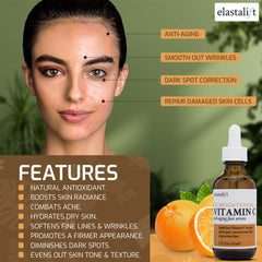 Elastalift Vitamin C Serum texture close-up shows a smooth non-greasy finish.