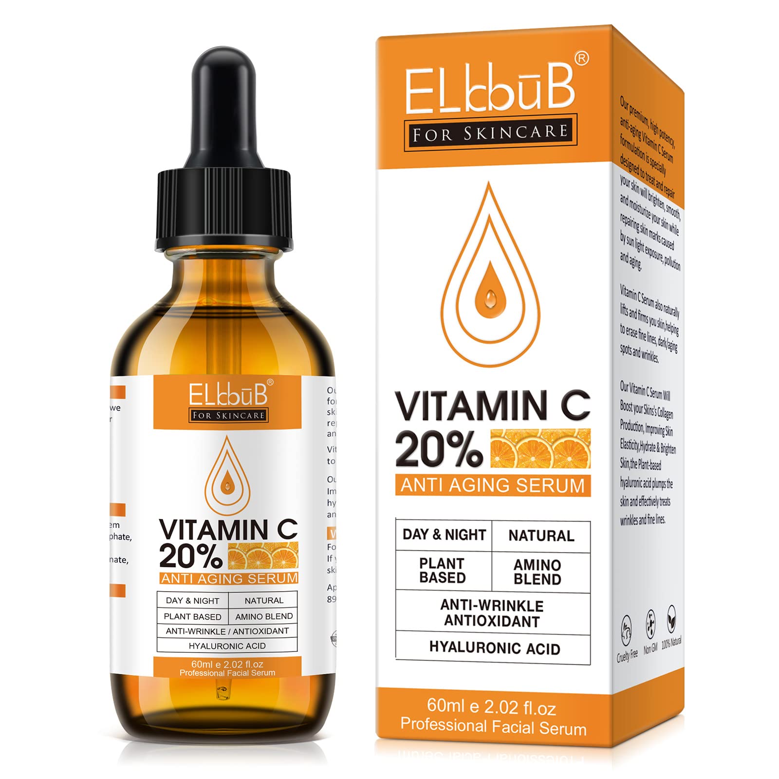 ELBBUB Sérum Vitamina C 20% en bote-frente, promueve brillo e hidratación diaria.