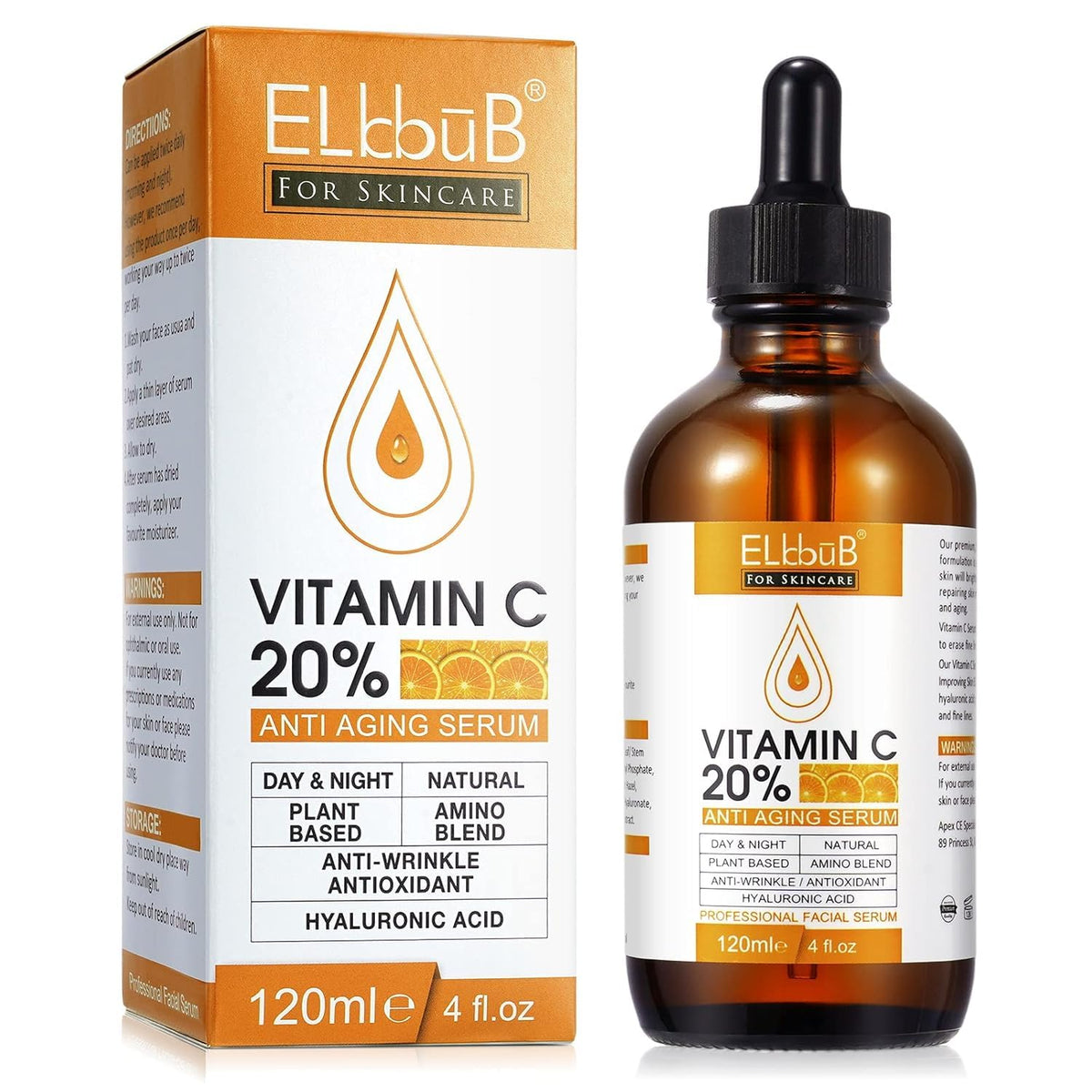 ELBBUB Suero Vitamina C en botella, iluminación suave para la piel.