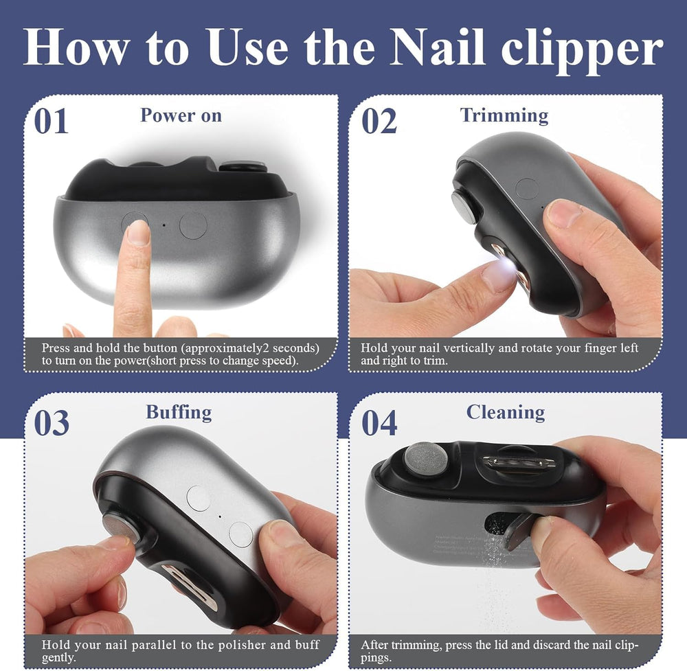 Electric Nail Clipper built-in scrap compartment keeps nails contained.