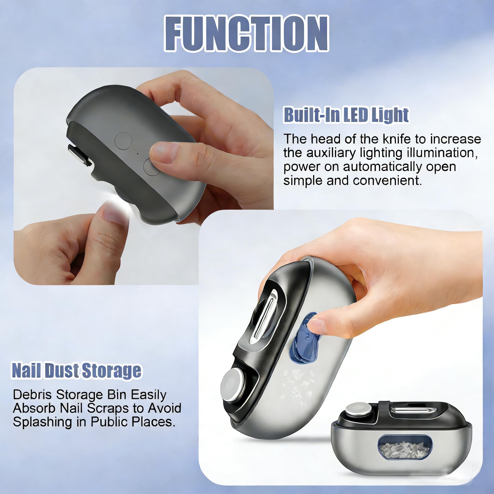 Electric Nail Clipper three-speed settings for gentle to tough nails.