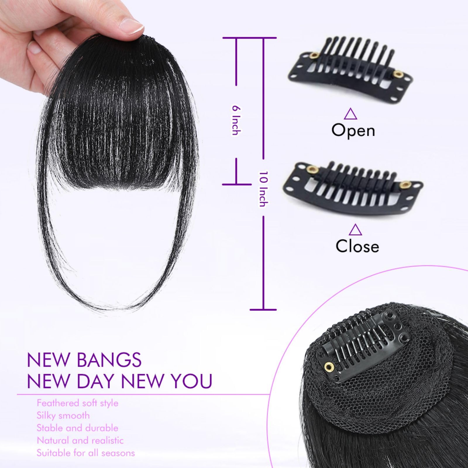 ELEFOCUS clip-in bangs on a model demonstrates instant transformation with wispy fringe.