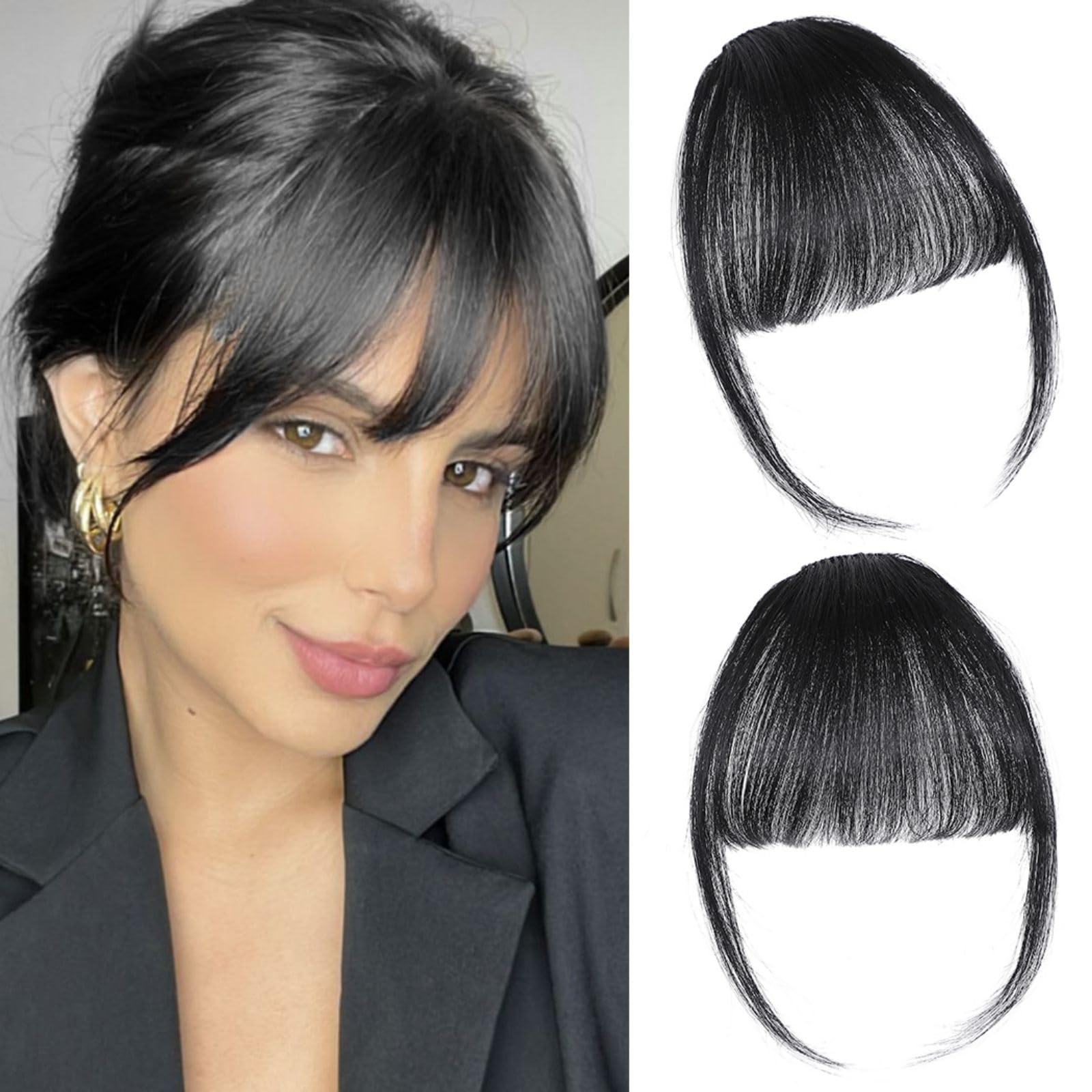 ELEFOCUS clip-in bangs close-up shows natural black hair for a seamless blend.