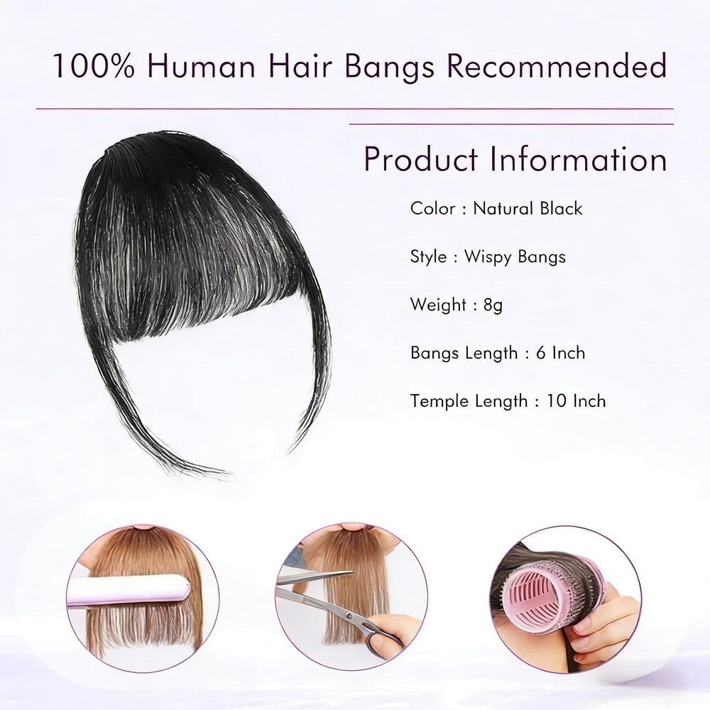 ELEFOCUS clip-in bangs curled to demonstrate heat styling versatility.