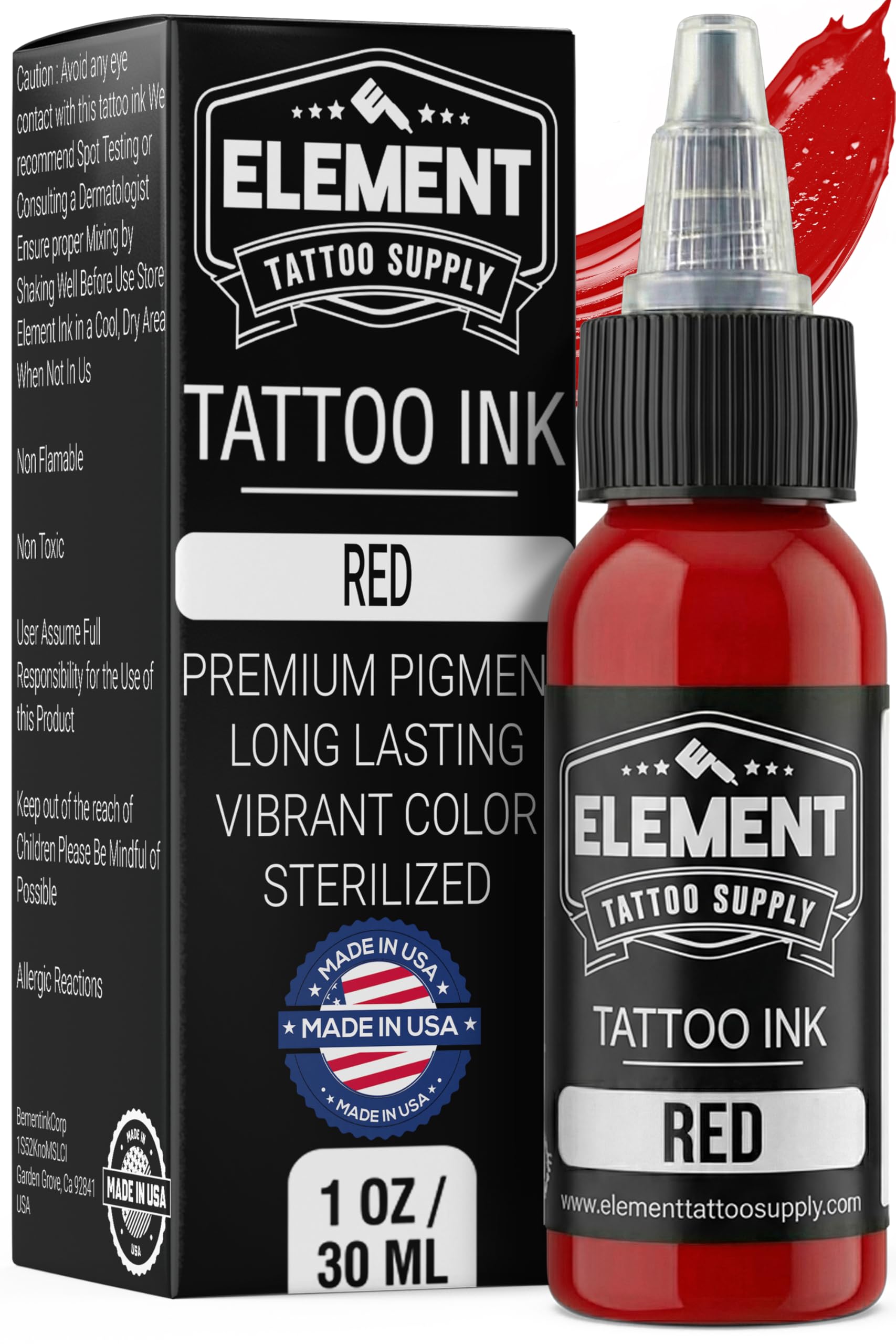 Element Tattoo Supply tinta roja brillante para rellenos sólidos y colores vibrantes.