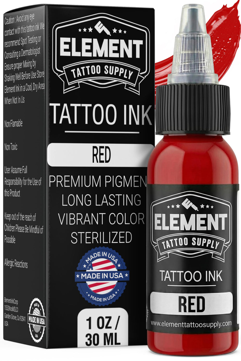 Element Tattoo Supply tinta roja brillante para rellenos sólidos y colores vibrantes.