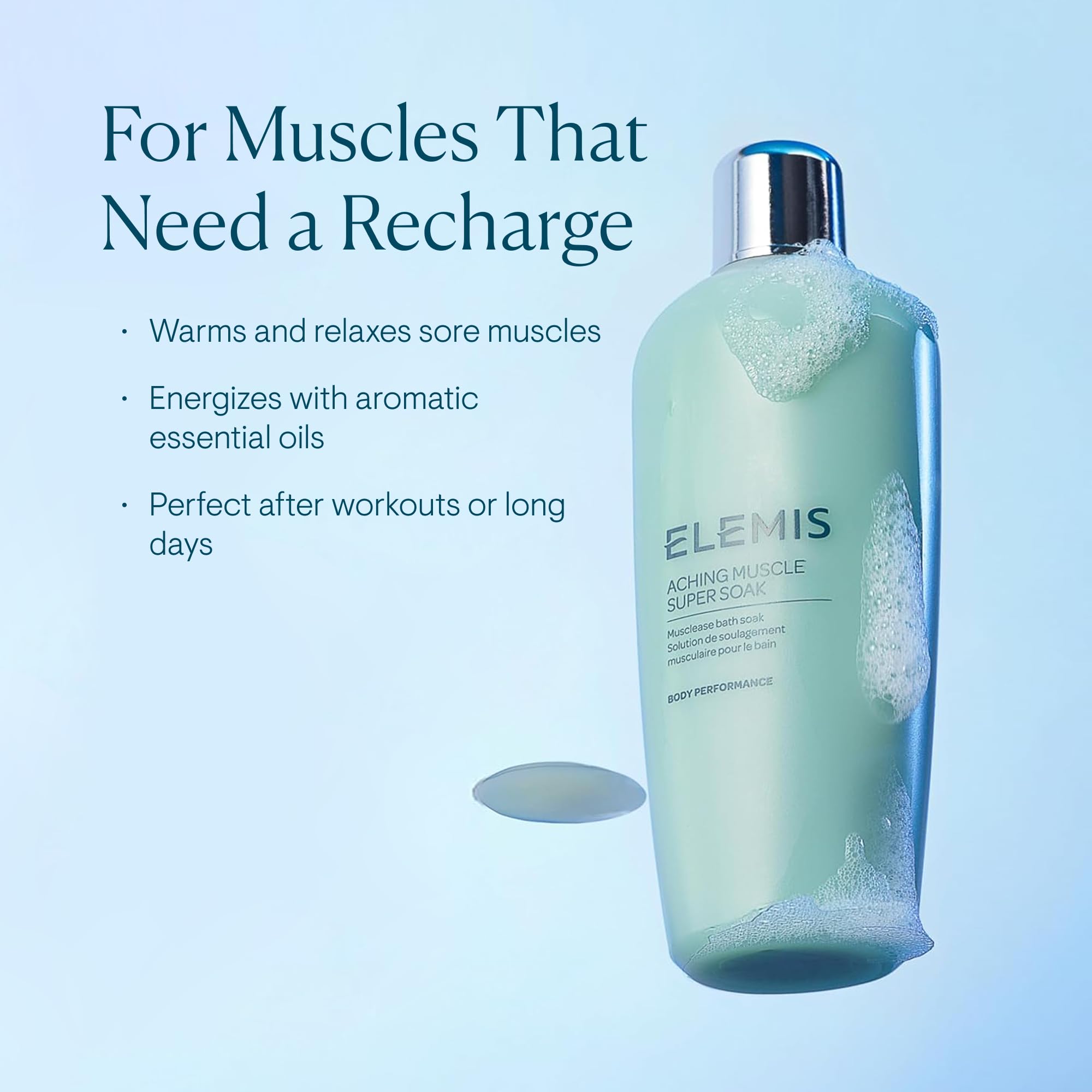 ELEMIS Aching Muscle Super Soak ingredients rosemary highlighted for aromatic relaxation.
