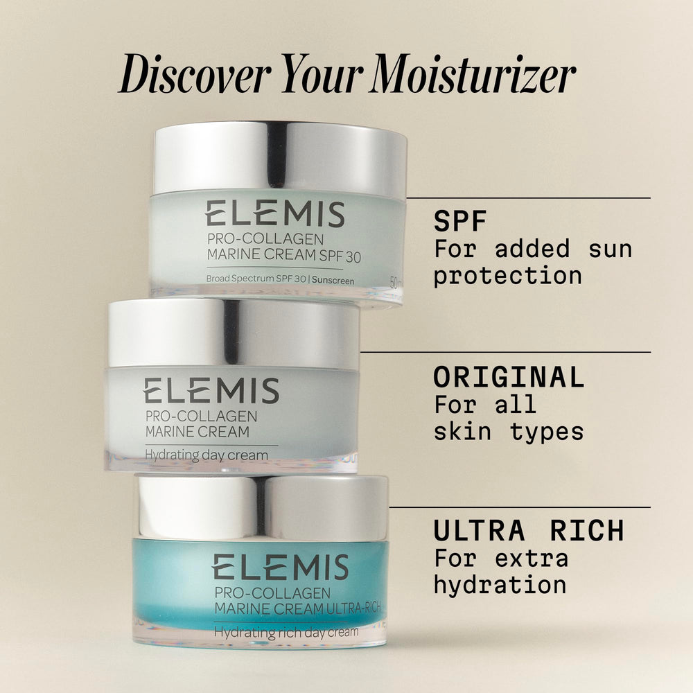 Massaging Elemis Pro-Collagen Marine Cream SPF 30 into skin.