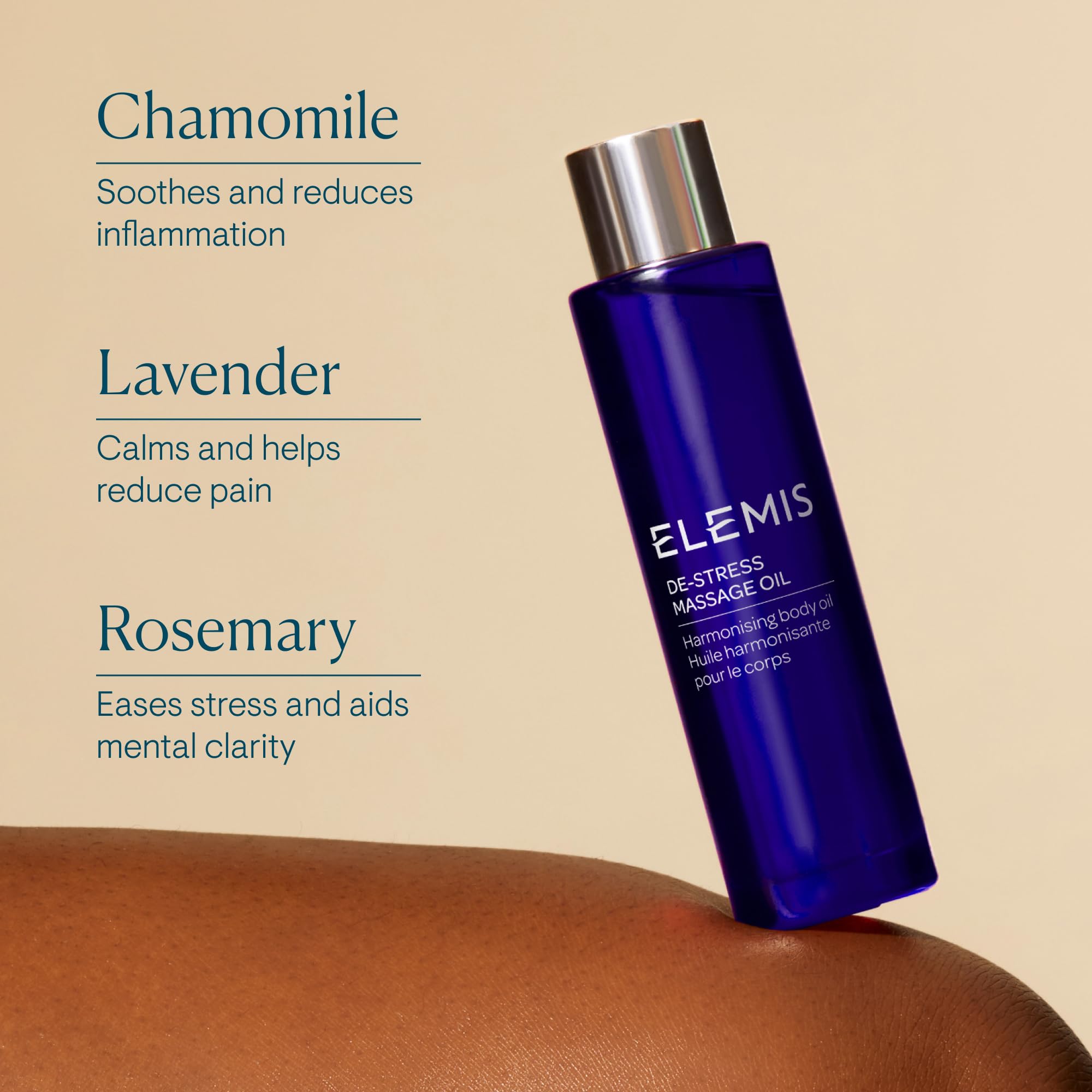 Elemis De-Stress Massage Oil packaging highlighting premium wellness