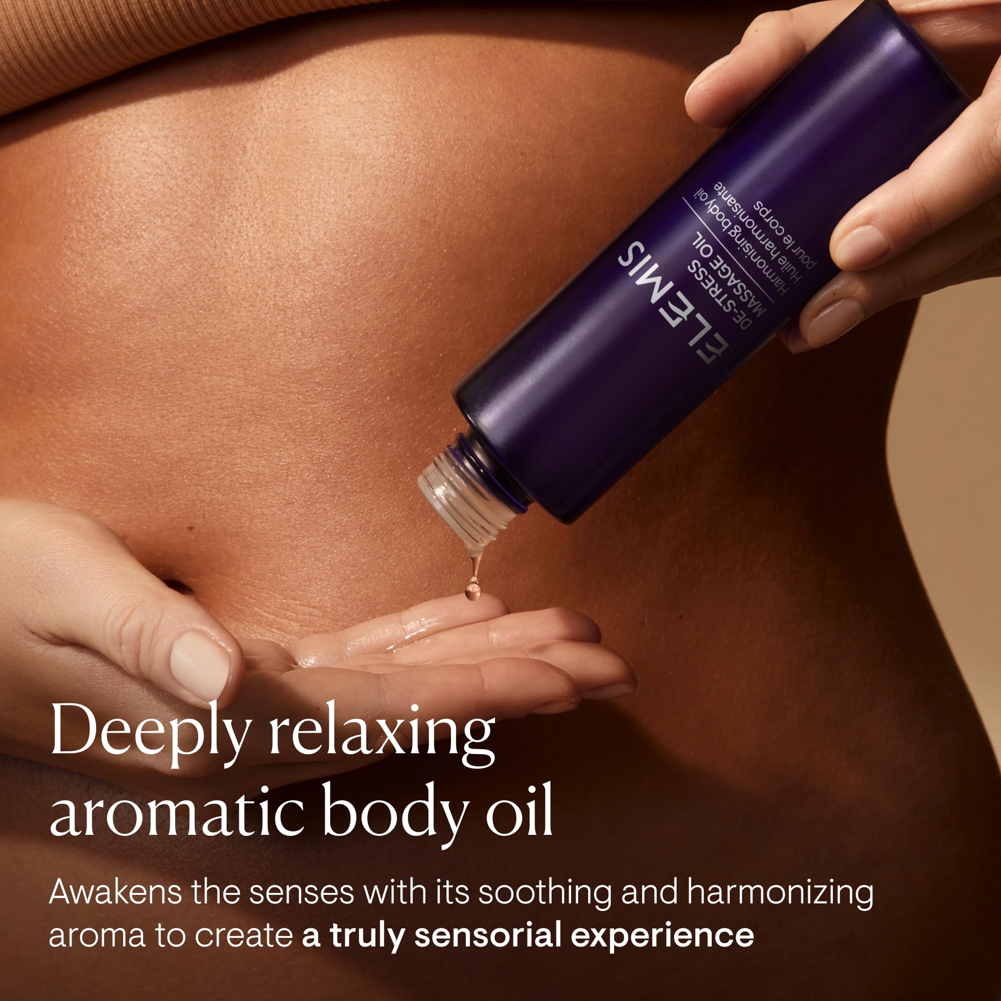 Elemis De-Stress Massage Oil pour showing easy absorption