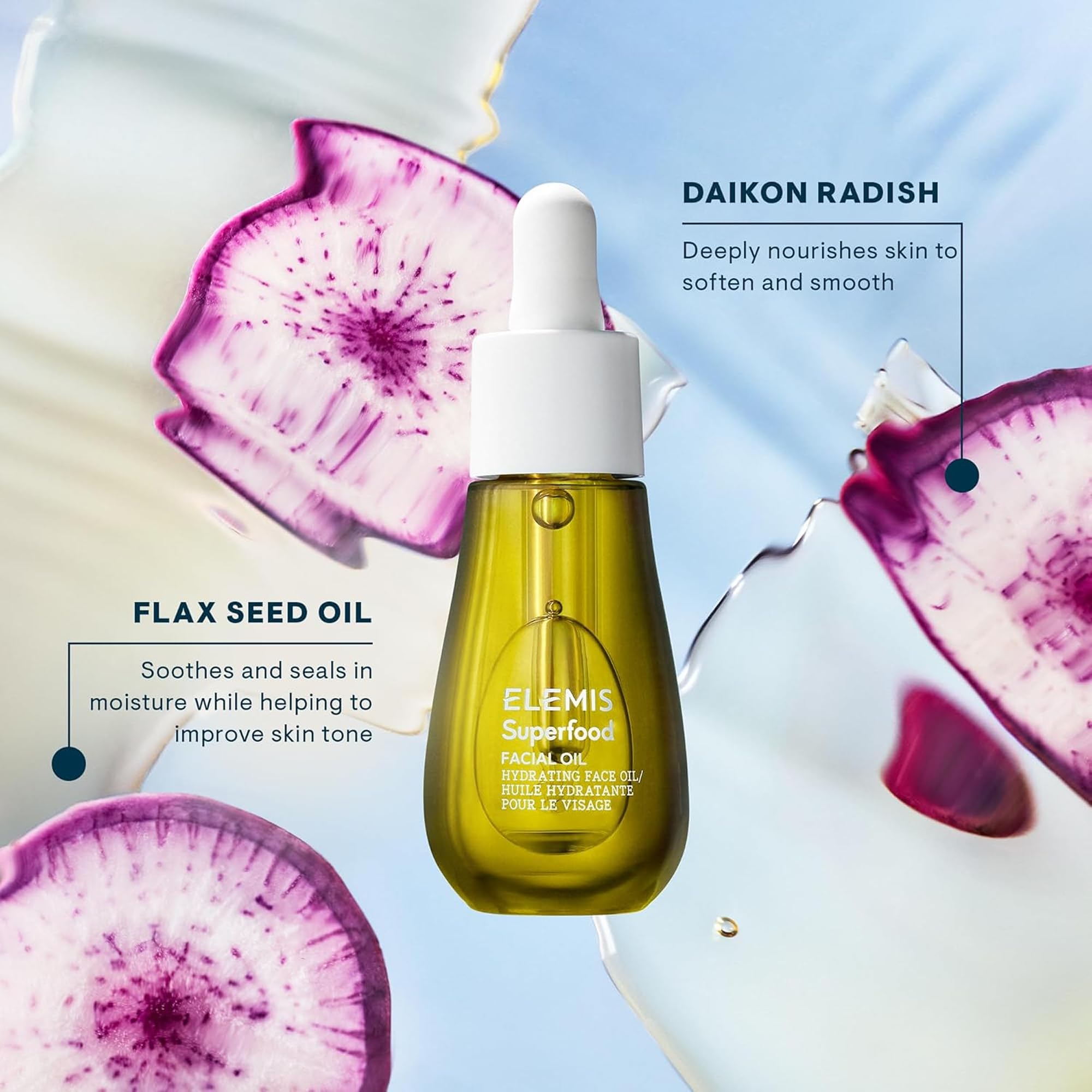 ELEMIS Superfood Facial Oil application demonstrates light absorption for daily glow