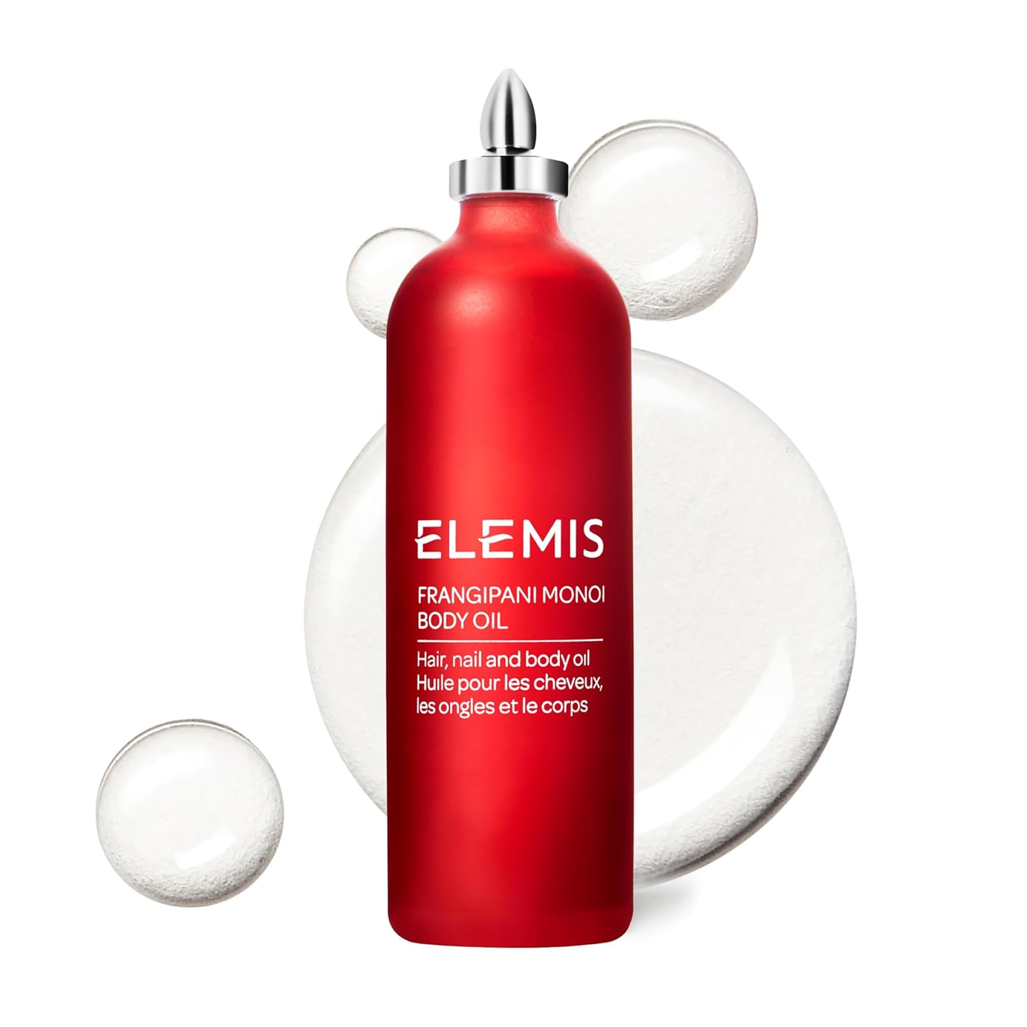 ELEMIS Frangipani Monoi oil bottle shows tropical hydration for skin and hair.