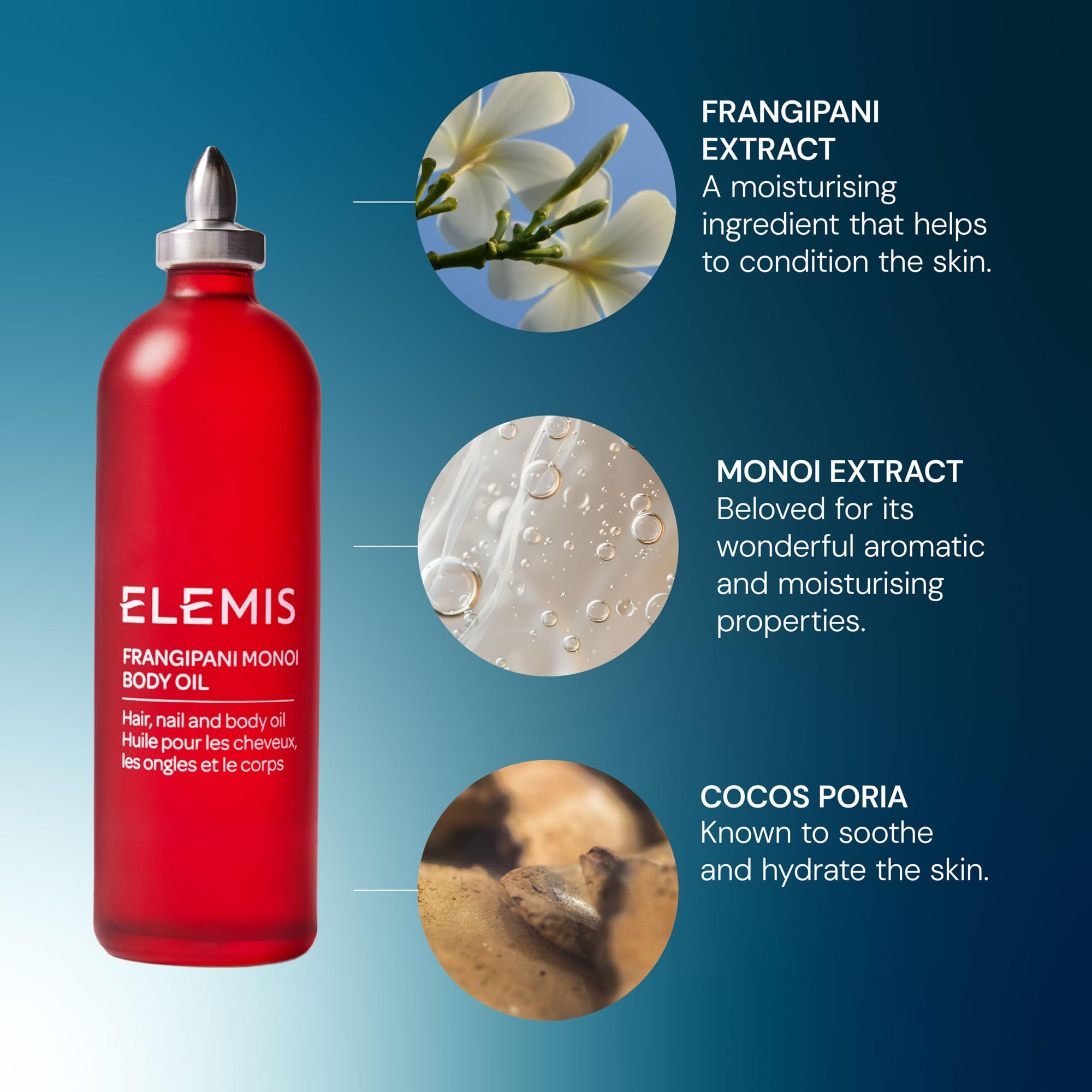 ELEMIS Frangipani Monoi oil applied to nails and cuticles for nourishment.