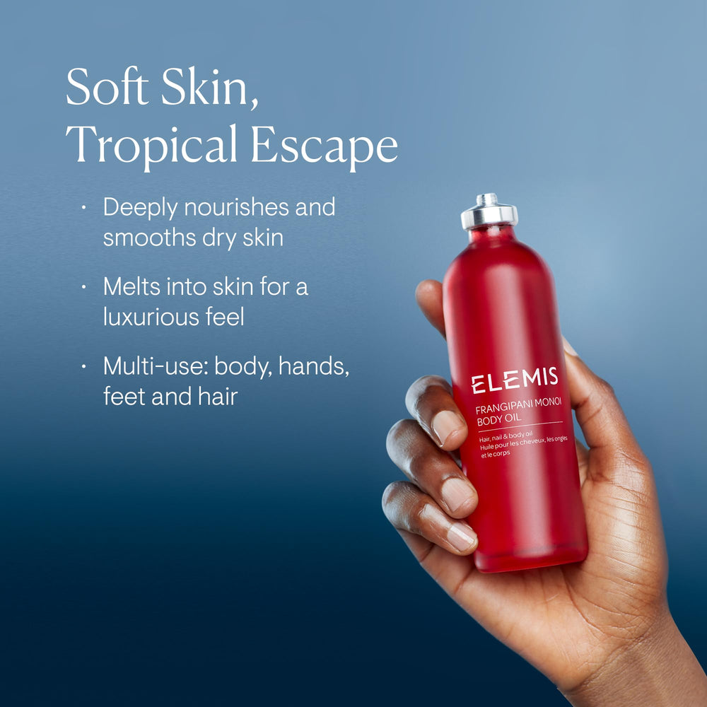 ELEMIS Frangipani Monoi oil poured for quick absorption and luxury care.
