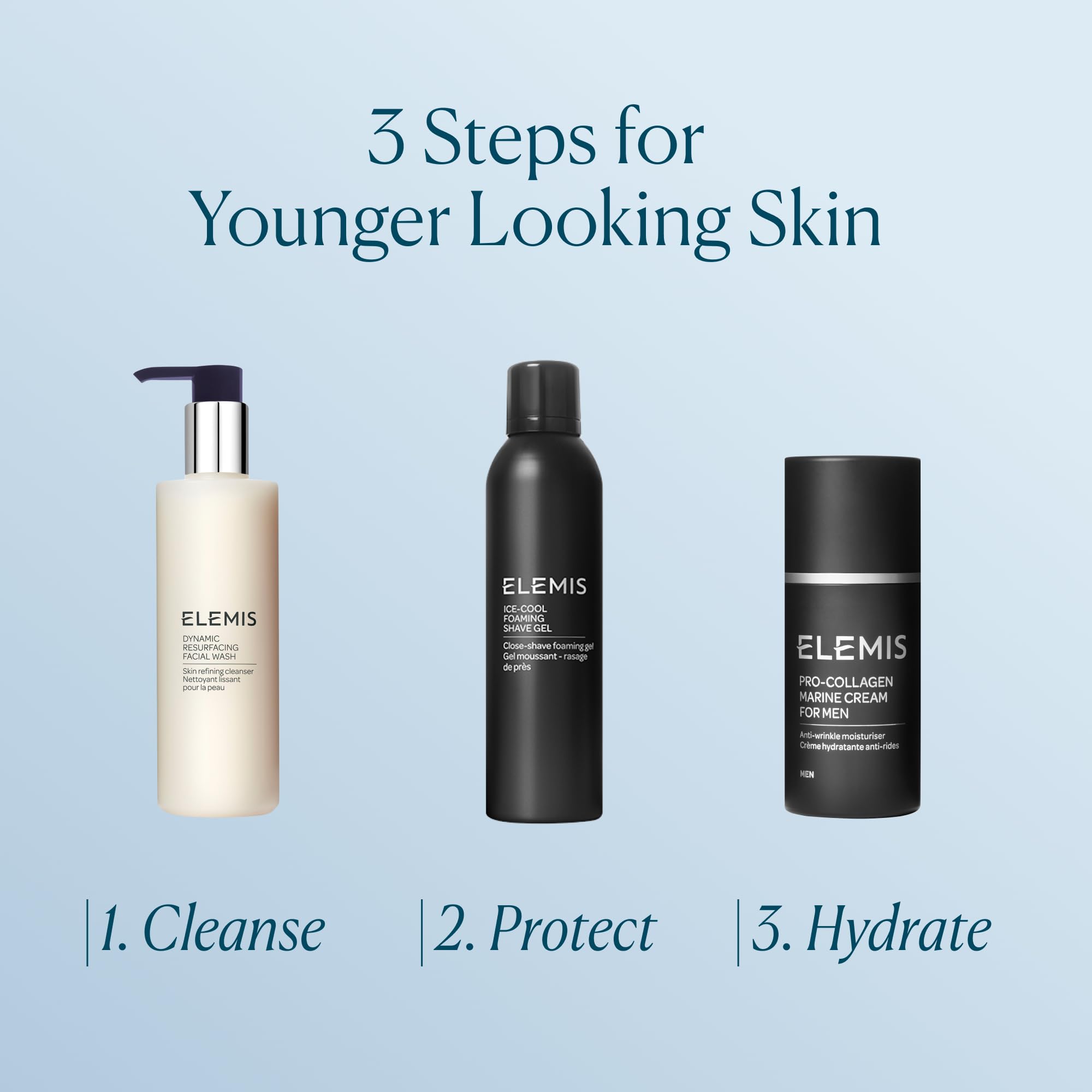 Elemis label view highlighting premium men’s skincare product.
