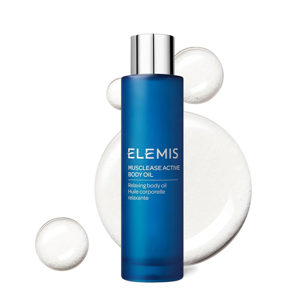 ELEMIS Musclease bottle being poured for fast-absorbing muscle relief.