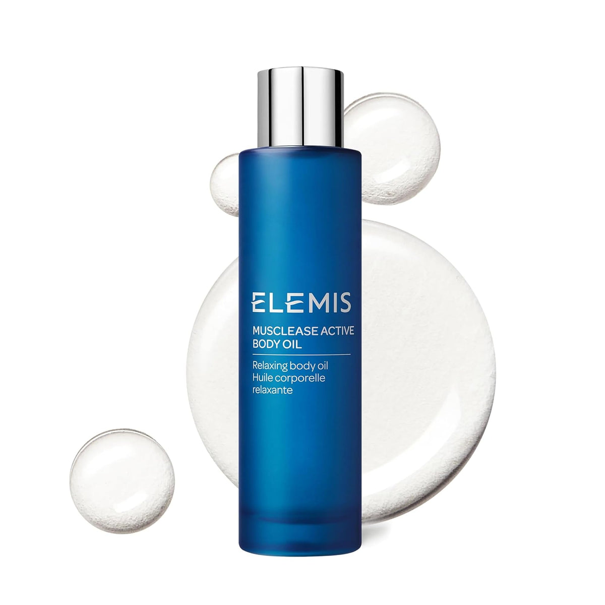 ELEMIS Musclease bottle being poured for fast-absorbing muscle relief.