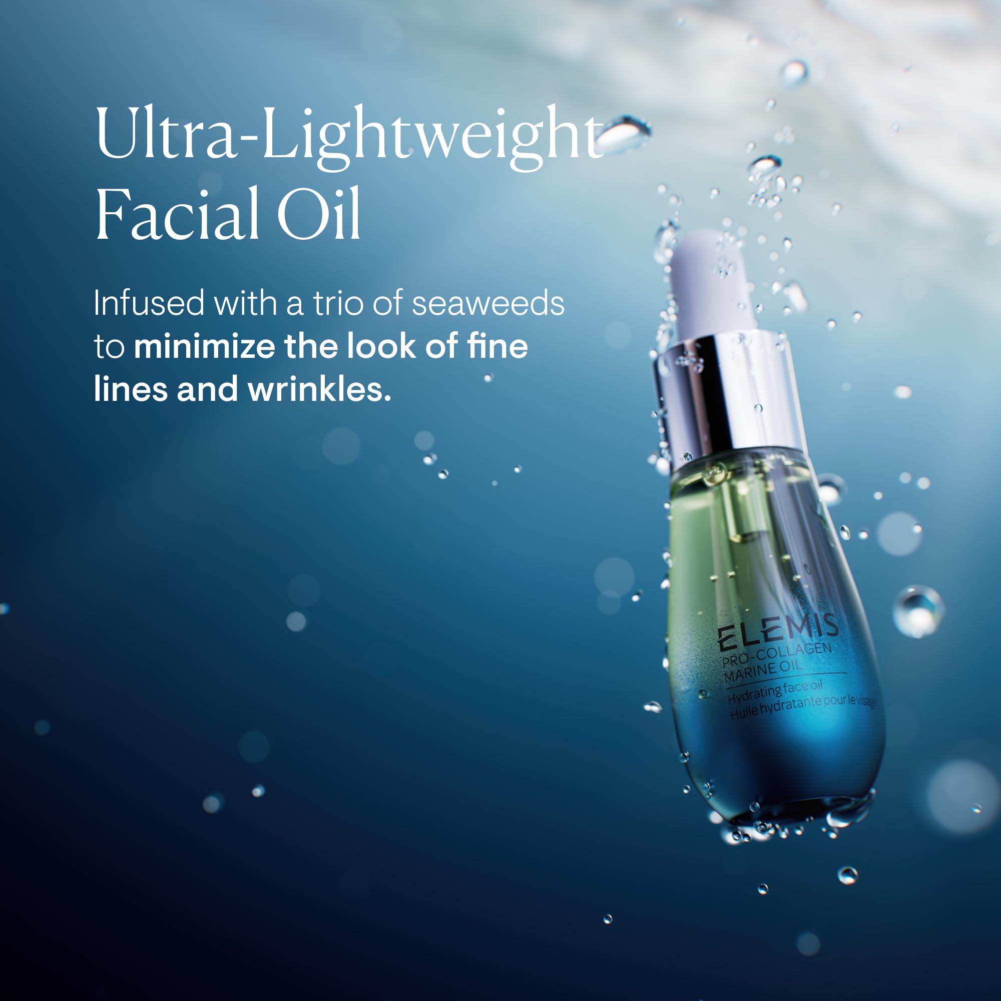 ELEMIS Pro-Collagen Marine Oil 15ml drop applying to skin for quick absorption.
