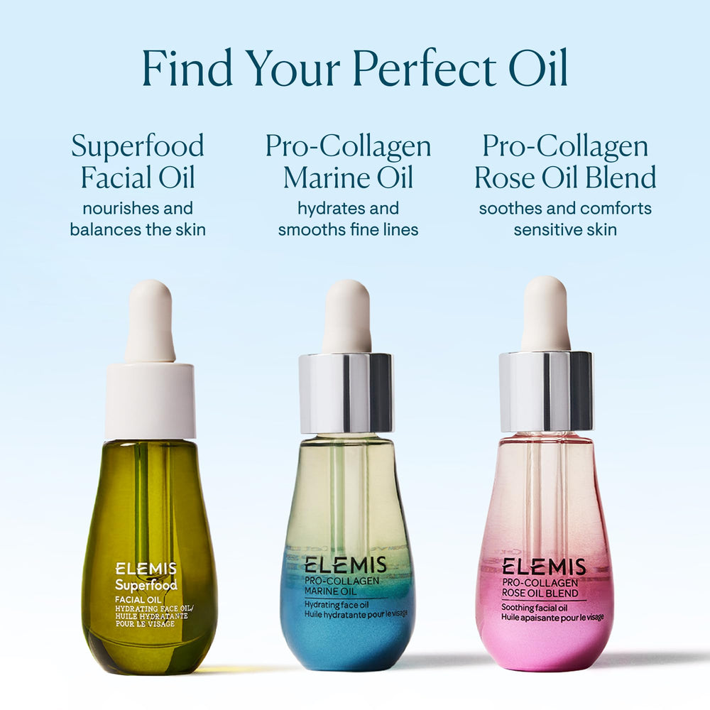 Premium packaging of ELEMIS Pro-Collagen Marine Oil 15ml travel-size.