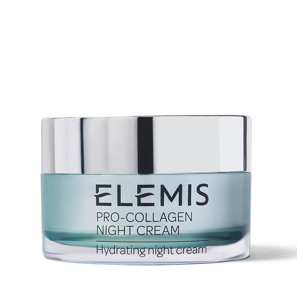 ELEMIS Pro-Collagen Night Cream bottle close-up for overnight hydration.