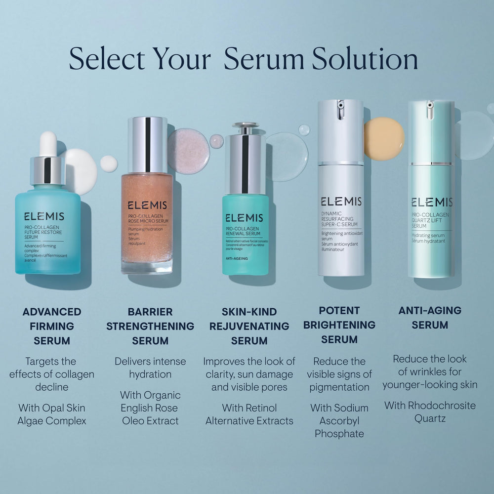 Elemis Pro-Collagen Renewal Serum bottle featured in a UK-made product scene